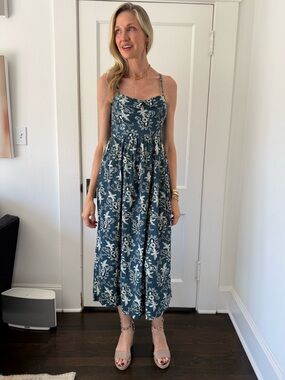 Greats Teal Blue Floral Midi Dress with White Pattern
